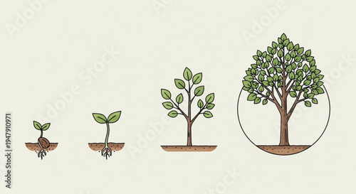 A vector graphic illustration showing the growth stages of a tree from seedling to maturity