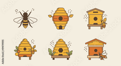 Beehive and bee illustrations.