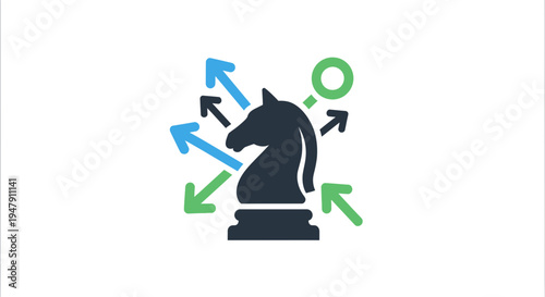 Black chess knight with arrows around.