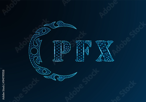 Low poly letter logo PFX design. PFX letter logo low poly vector design on blue color gradient background. PFX logo low poly design