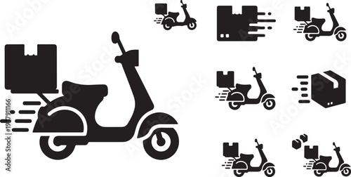 Delivery scooter icons in motion on white background