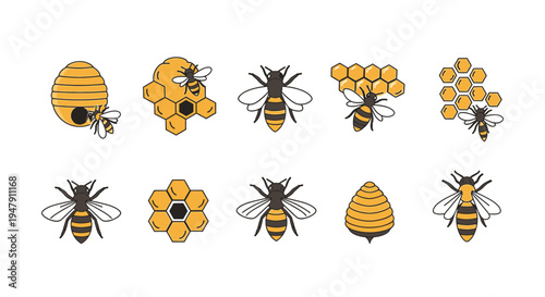 Collection of bees and honeycombs illustrations.