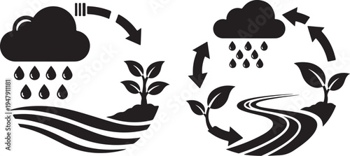 Water Cycle and Plant Growth Icons Black