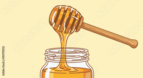 Honey dripping from dipper into jar.