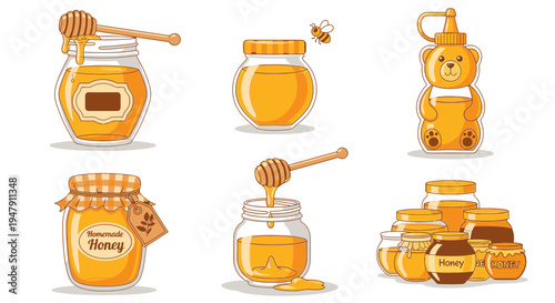 Honey jars and dipping spoons.