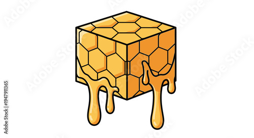 Honeycomb cube with dripping honey.