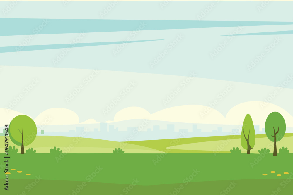 Obraz premium Stylized Landscape with Rolling Hills Trees and Distant City Skyline Illustration