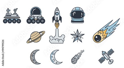 Space icons with rockets and planets 10.