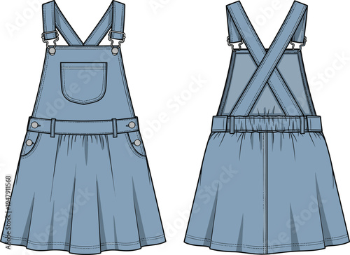 Denim overall dress flat sketch, women’s fashion technical drawing, front and back view, pleated skirt, bib pocket, adjustable straps, garment construction illustration
