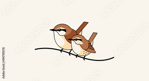 Two small brown birds on branch.