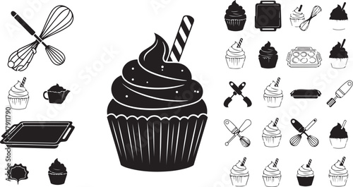 Black and white cupcake illustration with baking tools