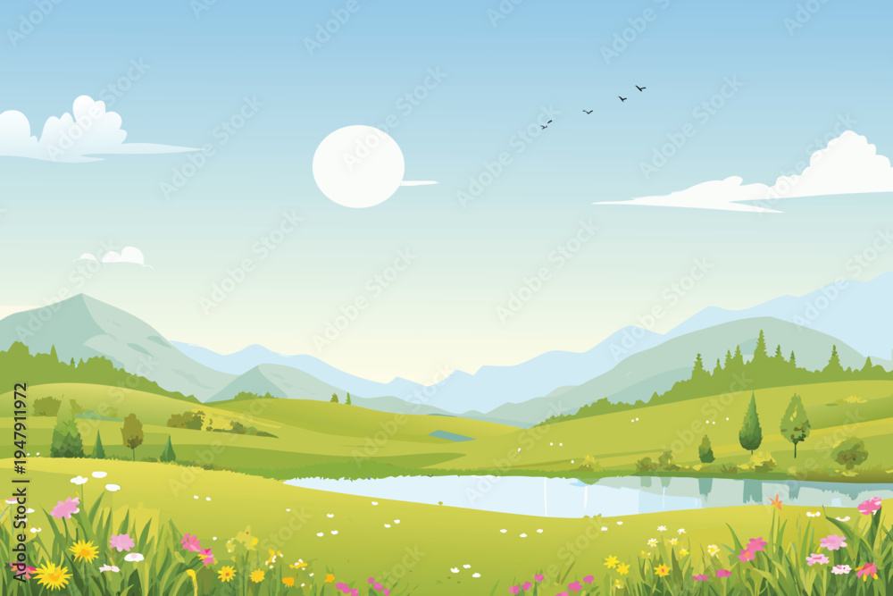 Fototapeta premium Vibrant Rolling Hills Landscape with Lake and Wildflowers Under Sunny Sky