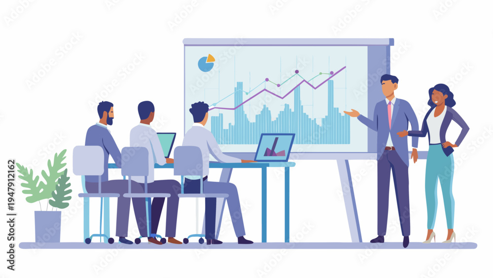 Obraz premium Business team analyzing data on projector screen in modern office setting