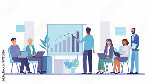 Business team analyzing data and collaborating in modern office