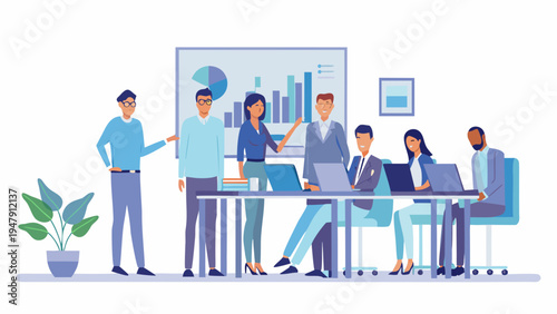 Diverse team collaborating on project in modern office space