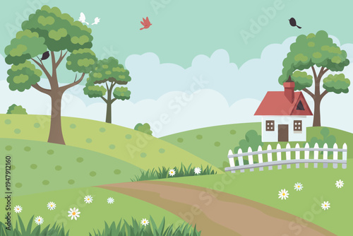 Cute cartoon farm landscape with a small house trees and birds. Countryside scene