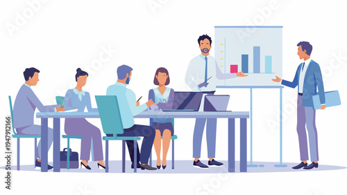 Business team discussing data on a presentation in modern office