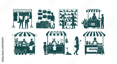 Set of Flat Vector Illustrations Featuring People Shopping for Clothes, Shoes, Bags and Street Food