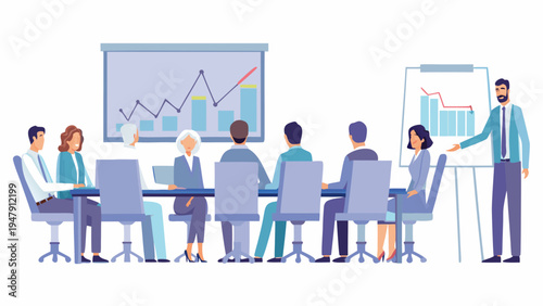 Business team meeting with presenter at whiteboard