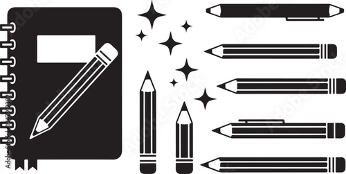 Black and white illustration of stationery and pencils