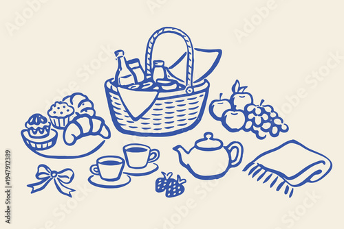 Picnic basket and tea set outline sketch vector illustration
