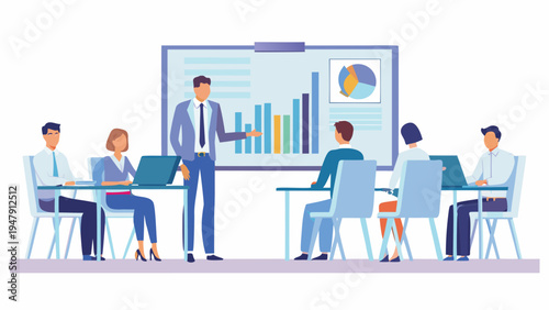 Businessman presenting data analysis to colleagues in modern office setting