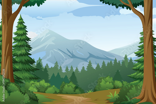 Forest path leads to snow-capped mountains under a cloudy sky nature landscape illustration