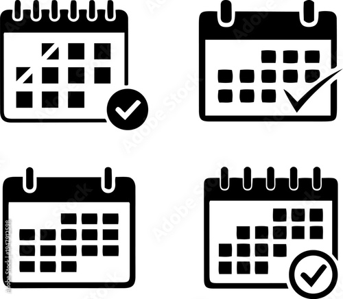 Calendar Icons with Checkmarks Representing Dates and Appointments Simple Vector Graphics