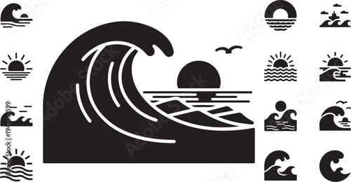 Black and white ocean wave icons with sunset