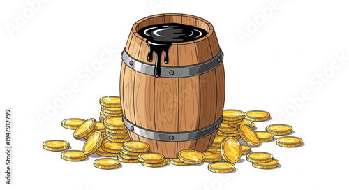 Wooden Barrel with Gold Coins.