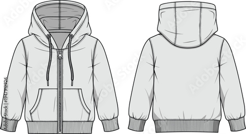 Hooded sweatshirt fashion sketch, front and back view, zipper hoodie design, drawstring hood, kangaroo pocket, ribbed cuffs, apparel illustration template