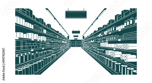 Minimalist vector illustration of a grocery store aisle with product shelves and signs in perspective
