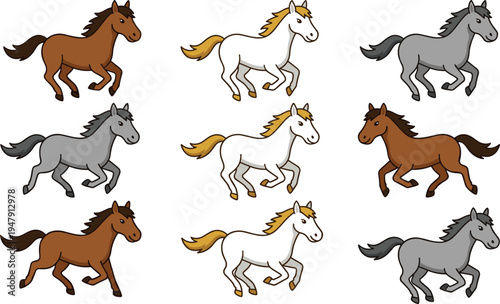 Horse Cartoon Galloping Pony Colorful Animal Trot Running Mane Tail Foal Vector Illustration Set Brown White Gray Cute Farm