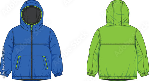 Hooded jacket fashion illustration, front and back view, zipper closure, elastic cuffs, color design, apparel sketch, outdoor clothing template