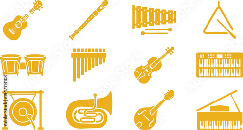 Set of 12 Musical Instrument Icons Vector Collection in Flat Yellow Silhouette Style for Music Themes and Entertainment Designs
