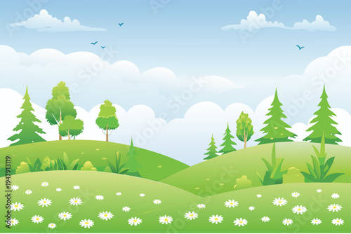 Green Rolling Hills with Daisy Flowers and Evergreen Trees Under a Cloudy Blue Sky Vector Illustration