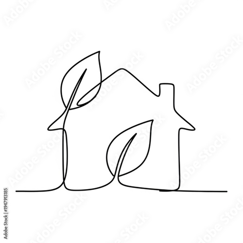 A minimalist line art illustration of a house with leaves growing out of it, symbolizing eco-friendly living and sustainable architecture.