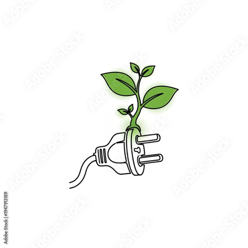 A vector graphic illustration of a green plant growing out of an electrical plug symbolizing eco-friendly energy and sustainability