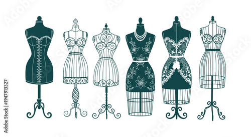 Set of vintage mannequin dress forms for fashion design, sewing and tailoring illustration on white.