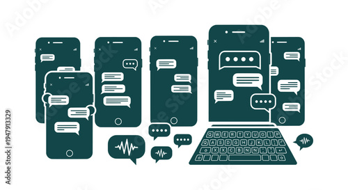 Vector Illustration of Multiple Smartphones with Chat Bubbles Keyboard and Voice Message Symbols