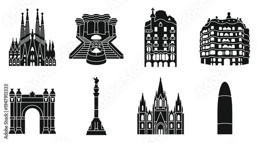 Barcelona Landmarks Vector Icon Set – Spain Cityscape Vectors Featuring Sagrada Família, Magic Fountain, Casa Batlló, La Pedrera, Arc de Triomf, Cathedral, Columbus Monument, and Torre Glòries