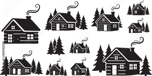 Black and white log cabins in the forest
