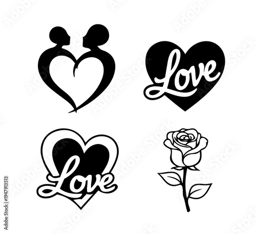 Couple embrace heart love heart and rose silhouette icons for Valentine's Day and romance themes isolated on white background vector