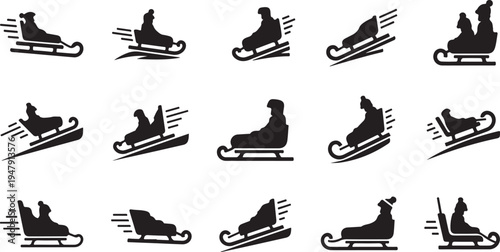 Sledding Silhouettes in Motion on White Background