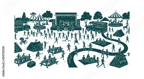 Crowded Outdoor Summer Music Festival Illustration with Band Stage Food Trucks and Camping Area