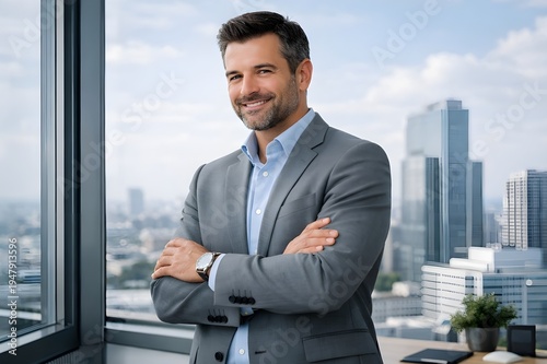 Confident business professional standing in modern office with city skyline view