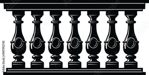 Black and white balustrade with ornate balusters railing staircase