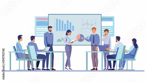 Business team discussing data on whiteboard in modern office setting