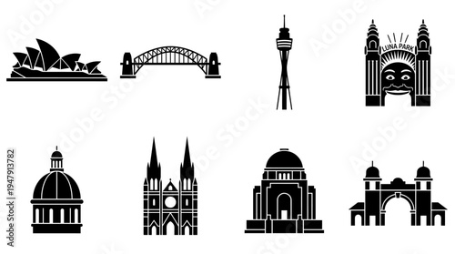 Sydney Landmarks Vector Icon Set – Australia Cityscape Vectors Featuring Sydney Opera House, Harbour Bridge, Sydney Tower, Luna Park, St. Mary’s Cathedral, Anzac Memorial, and Olympic Arch