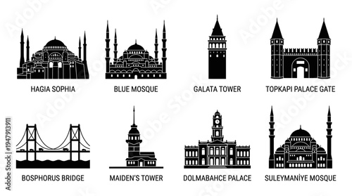 Istanbul Landmarks Vector Icon Set – Turkey Cityscape Vectors Featuring Hagia Sophia, Blue Mosque, Galata Tower, Topkapi Palace, Bosphorus Bridge, Maiden’s Tower, Dolmabahçe Palace, and Grand Mosque